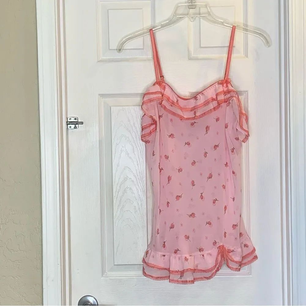 90s Cinema Etoile Pink Rose Print Ruffled Trim Babydoll Size XL